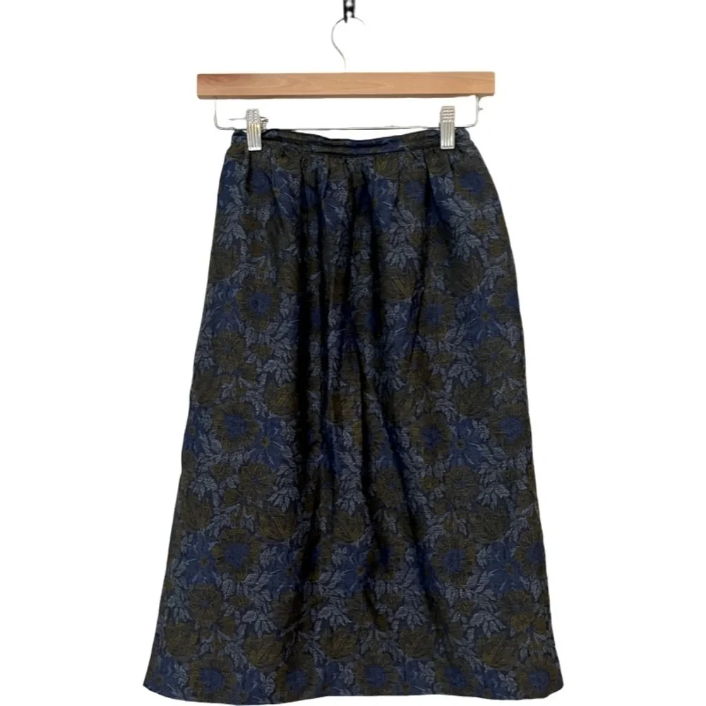 Vintage | Blue and Yellow Floral 100% Wool Midi Skirt Size XS Timeless‎ Classic